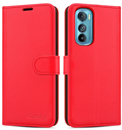 iCatchy for Motorola Edge 30 Case Leather Wallet Book Flip Kickstand Card Slots Full Protection Folio Cover Compatible for Motorola Edge 30 Phone (Red)