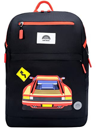 uninni 40,6 cm großer Kinderrucksack für Mädchen und Jungen ab 6 Jahren, mit verstellbaren Schultergurten, Rennwagen (Schwarz/Rot), 16, Reißverschluss