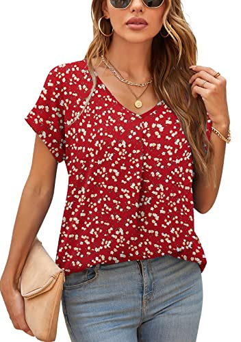 Yommay Damen Bluse Sommer Elegant V-Ausschnitt Tunika Shirt Oberteil Flowy Kurze Ärmel Chiffon Tops,MM F Rot,2XL