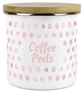 Purely Home Pink Polka Dots Spots Coffee Pods Canister - White Metal Enamel Kitchen Food Storage Container
