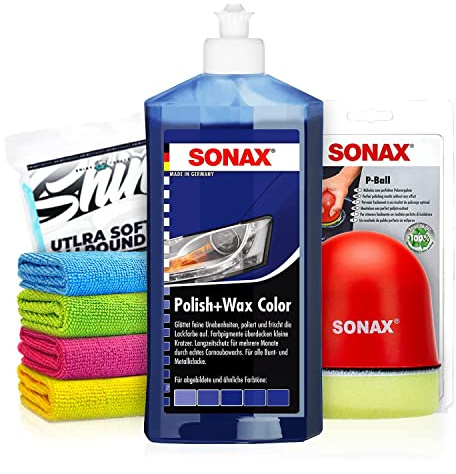 Politurset: SONAX Polish+Wax Color blau (500 ml) Auto Politur mit blauen Farbpigmenten und Wachsanteilen + Applikator + Mikrofasertücher | mühelos und schnell zum perfekten Polierergebnis | 6-Teilig