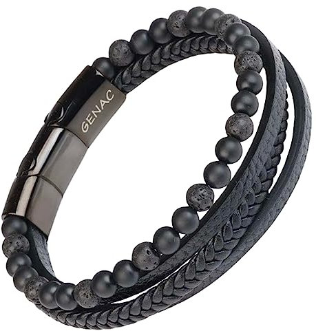 genac Neuf Herrenarmband aus 6mm Natursteinperlen und Echtleder Hochwertiges, mehrfach gewebtes Leder mit abnehmbarem Magnetverschluss aus Edelstahl zur einfac (Schwarz)