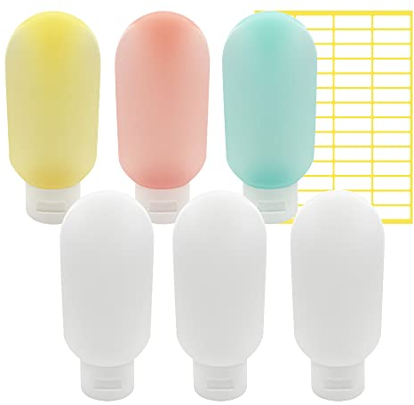 HLIWS 6 Stück 60ML Auslaufsicher Reiseflasche,nachfüllbare Flüssigkeitsbehälter mit Tag,für Shampoo,Lotion,Duschgel(1 rot, 1 grün, 1 gelb + 3 weiß)