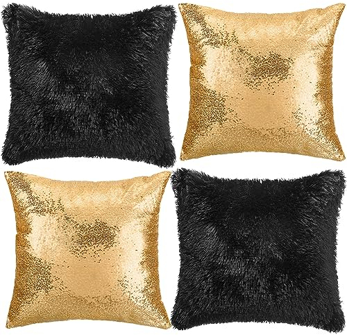 Mixweer 4 Stück Pailletten und flauschige Kissenbezüge, Glitzer-Kissenbezüge, Kunstfell, Deko-Kissenbezüge für Couch, Bett, Sofa, Hochzeit, ohne Kisseneinsatz (Gold, Schwarz, 45,7 cm)