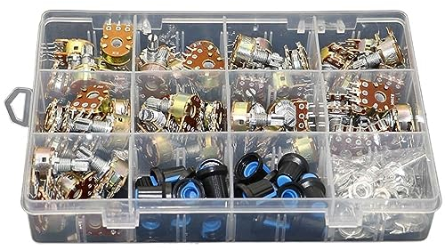 JMORCO 45pcs Wh148 Dual Gang Stereo 6pin Potentiometer kit 1k 5k 10k 20k 50k 100k 250k 500k 1M with knobs Single Shaft Nuts+Box