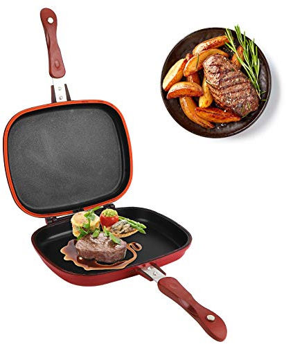 Poêle à Frire Double Face, Poêle à Griller Antiadhésive en Alliage Aluminium Carré Rouge pour les Fournitures de Cuisine pour Ustensiles de Cuisine Grill, 11 x 9,5 Pouces
