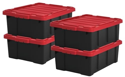 Iris Ohyama Heavy Duty Organisation Boxes, 43L, 4er-Set, Rot, Groß, Robust, Stapelbar, Aufbewahrungsbox, Für Garage, Regale, Umzug, Plastik, Utility, Werkzeugkiste, DDSKT-430