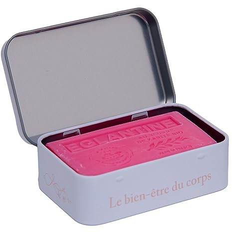 La Maison du Savon de Marseille Seifendose mit Eglantinduft, Sheabutter-Seife mit Rosenduft, Seifenhalter für die Dusche und Reiseseifenhalter, 125 g Seifenstück
