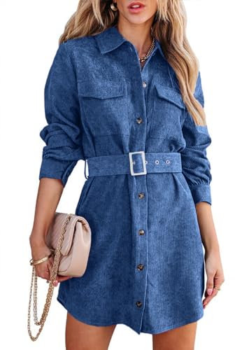 Uusollecy Blusenkleid Damen Corduroy Langarm Hemdkleid mit Gürtel, Minilänge Cordkleid mit Tasche und Knopfleiste Dunkelblau M