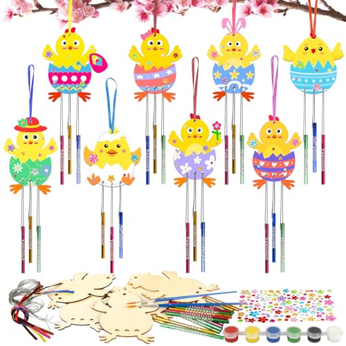 HONMOK 8stk Osterküken Windspiel Bastelset Ostern Küken Holzbastelset Kinder Ostern Klangspiele mit Acrylfarbe Bastelhandwerk zum Basteln und Bemalen Kreativset Osterdeko Geschenk für Mädchen Junge