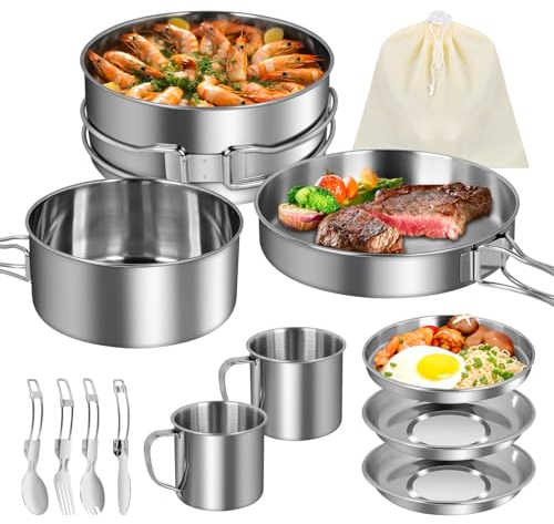 12 Piezas Utensilios Cocina Camping, Juego de Olla y Sartenes de Acero Inoxidable de Camping Kit de Portátil y Liviano para 1-2 Personas Ligero y Compacto para Acampar Senderismo Picnic