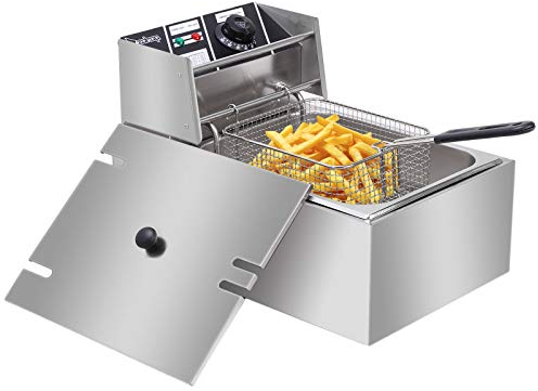 Deep Fryer,6L Stainless Steel Single Cylinder Deep Fat Fryer with Lid And Removable Basket,Kithen 220-240V Adjustable Temperature Electric Fryer for Deep Fried Food