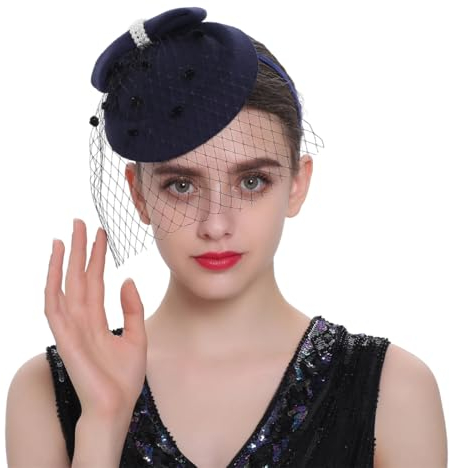 Fascinator mit Clip, 20er / 50er Jahre, Vintage-Stil, Derby-Schleier, Fascinator, für Cocktail, Teeparty, Kopfbedeckung, für Damen, navy, Einheitsgröße
