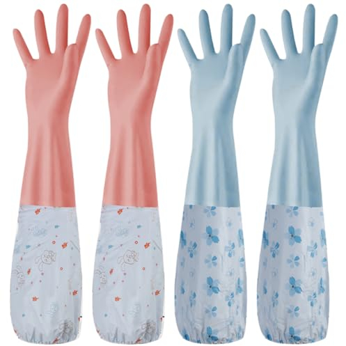 Reccisokz 2 Paires De Gants De Vaisselle De Cuisine,Gants De Jardin Pour Femmes,Gants De Nettoyage En Coton à Manchette Longue Avec Doublure,Adaptés à Un Usage Domestique,Blanchisserie,Jardinage