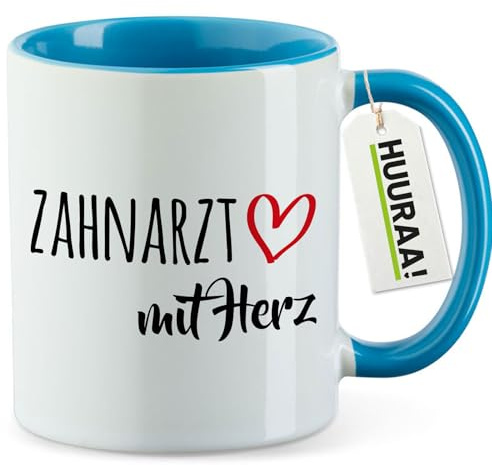Huuraa Kaffeetasse Zahnarzt mit Herz Geschenk | Motivtasse 330ml Blau Keramik Tasse mit Spruch Kaffeebecher Geschenkidee Becher mit Motiv