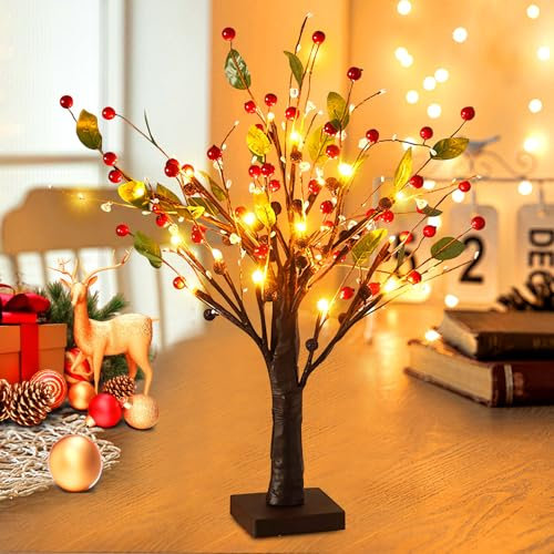 BYZESTY Decorazione natalizia, albero luminoso, da tavolo, bonsai, albero luminoso, interno con luce LED, 24 LED, funzionamento a batteria, per Natale, casa, feste, compleanni, decorazione per interni