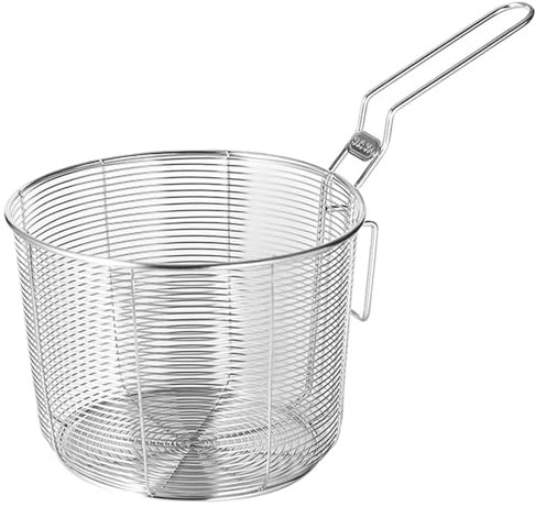 Canasta de freidora de 18 cm con mango, cesta de freidora de acero inoxidable Cesta redonda de malla de malla Cesta de malla fina de malla para freír con chips francés, drenaje de filtrado de aceit