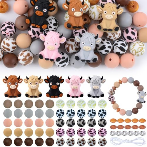 URROMA 3D-Highland-Kuh-Silikonperlen, Großpackung, Bunte Brennperlen, lose unregelmäßige und runde Abstandshalter-Perlen für DIY, Stift, Armband, Schlüsselanhänger, Basteln, 76 Stück
