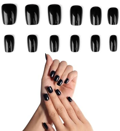 UYRVAPE 24pcs Français Faux Ongles Court Carré Couleur Pure Press on Nails Ballerine Glossy Ongles à Coller Acrylique Pleine Couverture Ongles à Presser pour Femmes et Filles Noël Faux(noir)