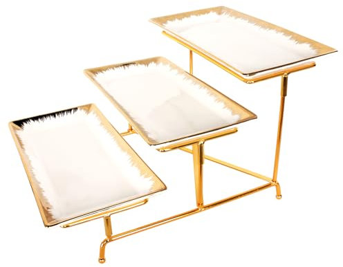 jinsongdafa 3-stöckiges Serviertablett-Set, Kommt mit 3 Stück 29 cm große Porzellan-Serviertabletts Und Goldrand, Stabiler Goldständer, Servieren für Partys, Speisenpräsentation, Obstdessert