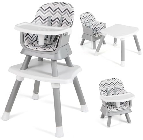 COSTWAY 6 en 1 Chaise Haute Bébé Evolutive avec Plateau Amovible, Chaise d'Alimentation Convertible avec Harnais à 5 Points, Table de Blocs de Construction, Charge 25kg, 6-36 Mois (Ondulée)