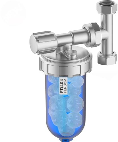 FERDOM FD404 Dosatore Proporzionali Di Polifosfati-Anticalcare e Anticorrosione. Valvola Di Arresto e By-Pass. Testa Ottone Nichelato, Vaso SAN Blu, Attacco Orientabile 1/2. Ricarica per 30m3 d'acqua