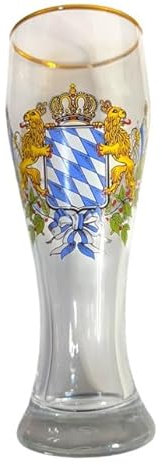 0,3 Liter bayerisches Weizenbierglas, Weißbierglas mit Bayernwappen und Goldrand - klar
