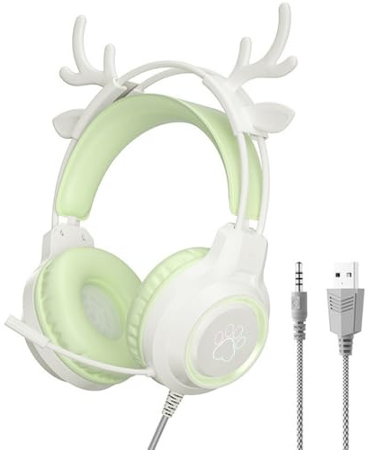 MEOW Series Gaming Headset with LED Cat Ears - Detachable Design, Crystal-Clear Communication, Multi-Platform Compatibility for PC/Switch/Tablet (Antlers Green)
