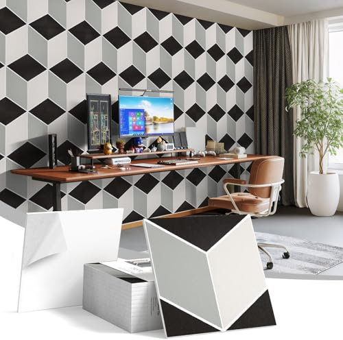 JBER 12 Stück Akustikpaneele, Selbstklebend Schallschutzplatten für Wände, Innen Dekorative Wandpaneele 3D-Strukturdruck, Schallabsorption für Tonstudios, Büros, Wohnungen, 30×30×1cm, Schwarz und Weiß
