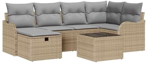 vidaXL Modular 7-teiliges Outdoor-Sofa-Set mit Kissen in Beige aus Poly-Rattan – wetterfest, ideal fürs Garten- und Terrassenessen, Woven Al Fresco Lounge.