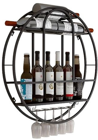 Weinregal, rund, aus Metall, zur Wandmontage, Weinhalter, Weinflaschenhalter, hängendes industrielles Weinglasregal, Weinlagerregal, Weinschrank, Champagner-/Stielglasregal für Esszimmerbar (schwarz