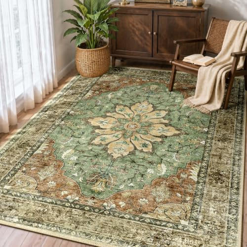 INOVADAY Teppich Wohnzimmer Waschbar 90x150 cm Retro Ziegel/Braun/Grün | Teppich Schlafzimmer, Vintage Teppich Waschbar, Esszimmer, Büro, Kurzflor Rutschfest, Boho, Retro, Weich, OEKO, Gedruckte