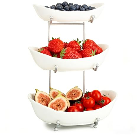 YYW Fruit Bowl 3 Tier Ceramic Serving Bowls with Metal Stand White | Large Capacity for Fruits Bread Snack, Kitchen Counter Storage Holder, Durable Porcelain, Tiered Fruit Basket