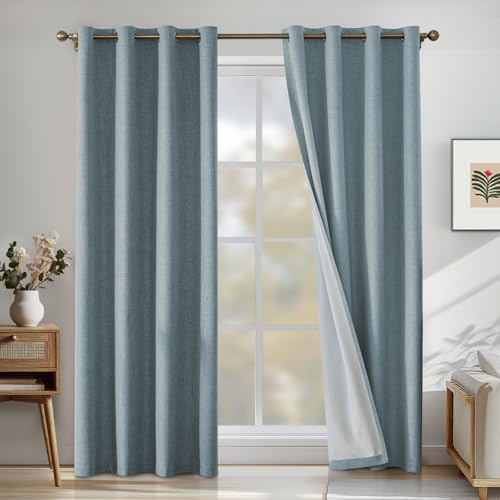 CYCMACO Verdunklungsvorhänge Leinen 2er Set, 140x225cm, Kälteschutz Thermovorhang Mit Ösen, Lärmschutzvorhang, Wohnzimmer Lichtundurchlässig Vorhänge, Schlafzimmer Vorhänge, Hellblau