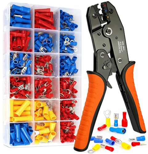 Insulated Wire Ratchet Crimping Tool Set for 0.5-6mm² Electrical Cable | With 390Pcs Ring Terminals, Spade Connectors & Bullet Connectors, Ideal For Electrical Wiring And Car Repair