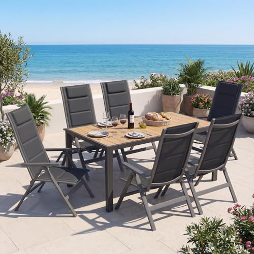 Devoko Gartenmöbel Set 6 stühle mit Tisch, Bestehend aus 1 Aluminiumtisch und 6 Klappstühlen für balkonmöbel. 1 x 150 cm Gartentisch mit Holzmaserung, Terrassenmöbel-Set, Teakfarbe.