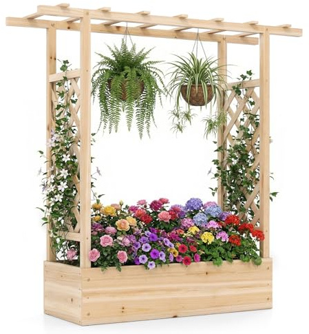 HOMASIS Bac de Jardin Surélevé avec Toit Plat et Treillis Latéral, Jardinière 2-en-1 en Bois de Sapin avec Trous de Drainage, pour Plantes Grimpantes, Fleurs, Légumes (Naturel,110x35x114cm)