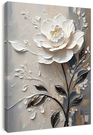 Alptiny Leinwandbild mit Rahmen 40x50 cm, Elegantes Blumenmotiv in Beige und Weiß, moderne Wandbilder Wohnzimmer für Schlafzimmer Büro und Flur, Wanddekoration mit Klettband und Haken