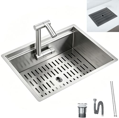 WXXZCE Évier Camping Car, Evier de Bar INOX 304 1 Bac, avec Robinet Rabattable et Kit de Vidange, Idéal pour Camping Cars, Fourgons Aménagés, Yachts et Bars(Silver,400x320mm)