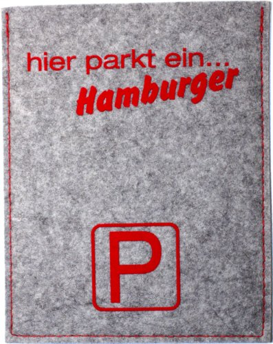 Lifestyle Optik Parkscheibe aus sehr hochwertigem 100 % Wollfilz mit Druck/ Spruch / Motiv: hier parkt ein...Hamburger silbergrau / rot mit innenliegender original Parkscheibe nach StVO Made in Germany