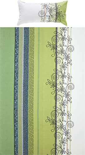 Erwin Müller Bettwäsche, Bettgarnitur Fein-Biber Blumen Pistazie Größe 40x80 cm / 135x200 cm - hautsymphatisch, bügelleicht, mit Marken-Reißverschluss