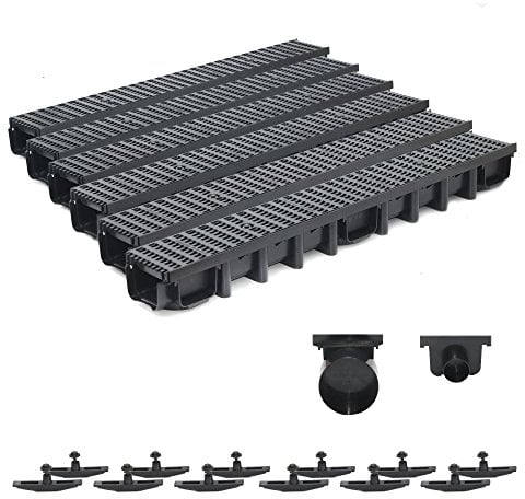 6m Entwässerungsrinne Belastungsklasse B125, 98mm komplett SET Stegrost Kunststoff (schwarz)