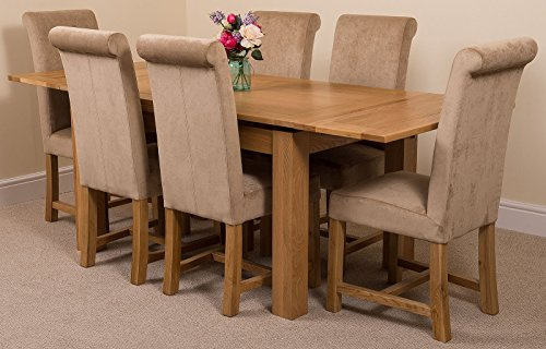 Oak Furniture King Solid Oak Extending Dining Table & Chairs Set 6 Seater Kitchen Dining Set – Richmond 140-220 cm Extendable Table & Washington Upholstered Beige Fabric Chairs, Wooden Furniture