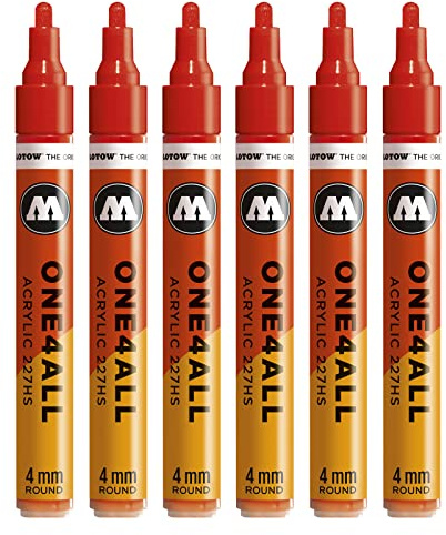 Molotow One4All 227HS Acryl Marker 6 Stück, Farbe 013 verkehrsrot | 4,0 mm Strichstärke, hochdeckend und permanent, schnell trocknend, UV-beständig, nachfüllbar, für fast alle Untergründe