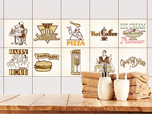 GRAZDesign Fliesenaufkleber Küche Retro Vintage braun, Klebefolie Klebefliesen, alte Küchenfliesen überkleben, Fliesenbild selbstklebend Fliesen, glänzende Folie, 10x10cm, Set 10 Stück
