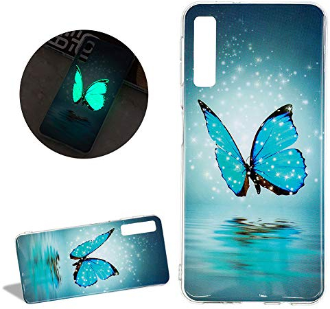 DasKAn Leuchtend Silikon Hülle für Samsung Galaxy A7 2018,Fluoreszierend Licht im Dunkeln Blau Schmetterling Bunt Muster Weich Dünn Gummi Rückseite Handytasche Stoßfest Flexibel TPU Schutzhülle,#3