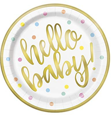 Unique Party 73525 - Foil Hello Baby Gold Baby Shower Paper Plates, Pack of 8
