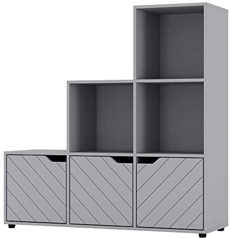 URBNLIVING Grey 6 Cube Step Storage Bookcase Shelf Unit Wooden Metal Doors Wood Home Organiser (Grey Door, Line Door)