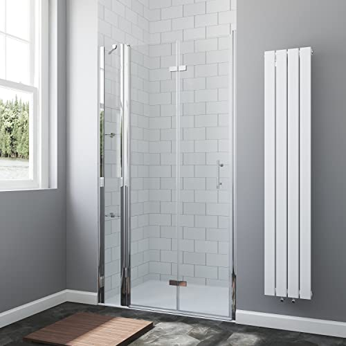 AQUABATOS® 140 x 195 cm Faltbare Duschtür in Nische Nischentür Dusche Nischenfalttür Falttür mit Festteil und Eckregalen Duschablagen aus 6 mm ESG Nano Echtglas