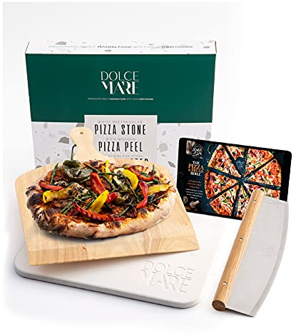 DOLCE MARE Pizza Stone in Set incl. Wooden Pizza Slider & Pizza Cutter - Baking Stone Made of high-Quality Cordierite for Oven & Grill - Baking Stone for Crispy Pizza Like at The Italian Restaurant
